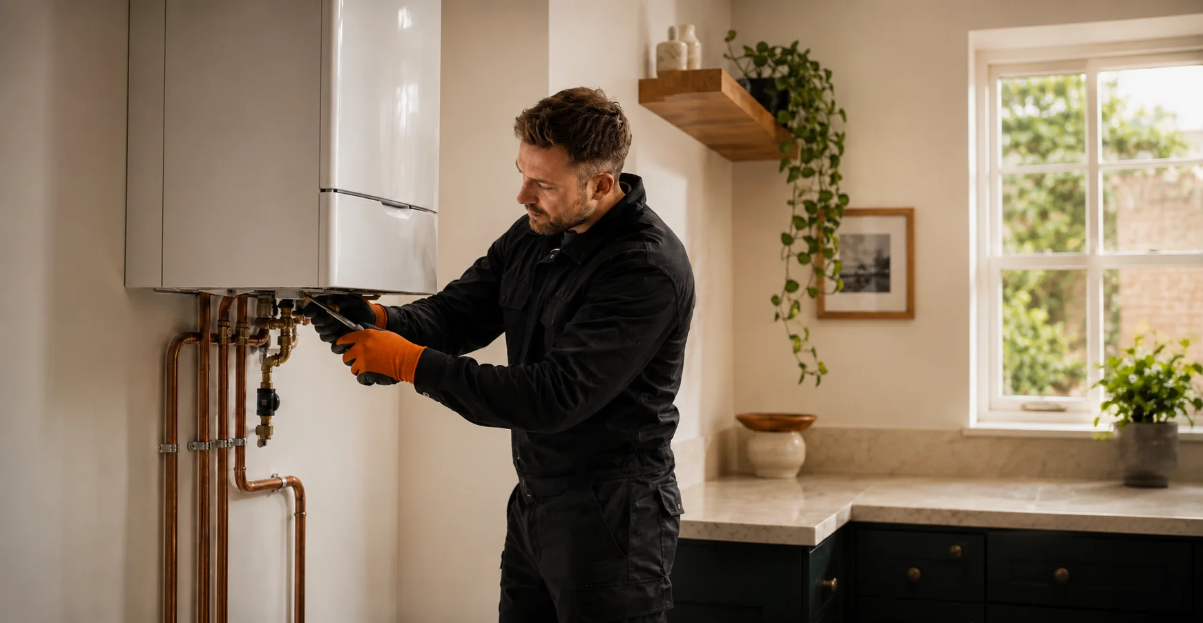 Gas Safe registered engineer installing a boiler in a UK home