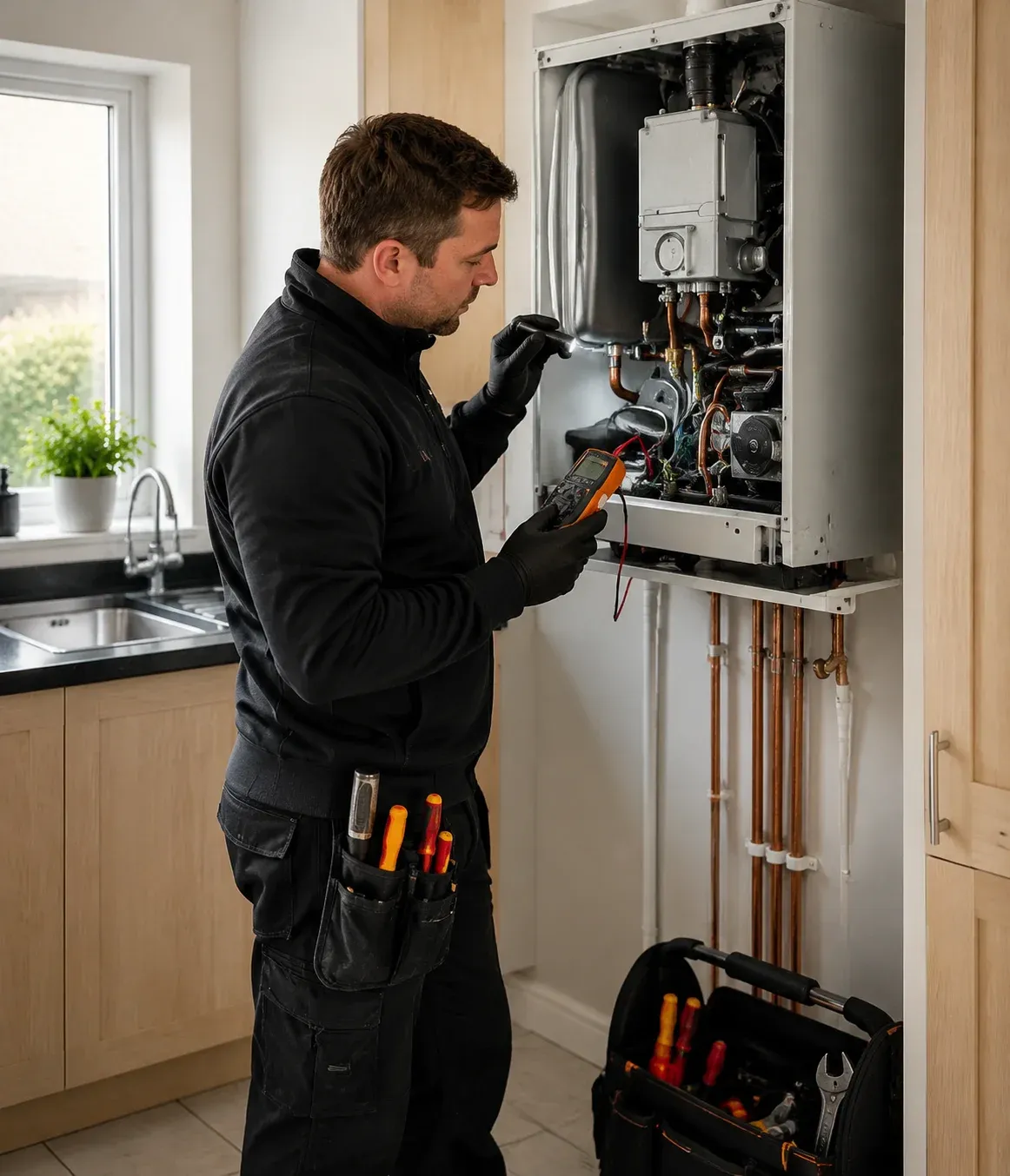 Engineer carrying out boiler breakdown repairs