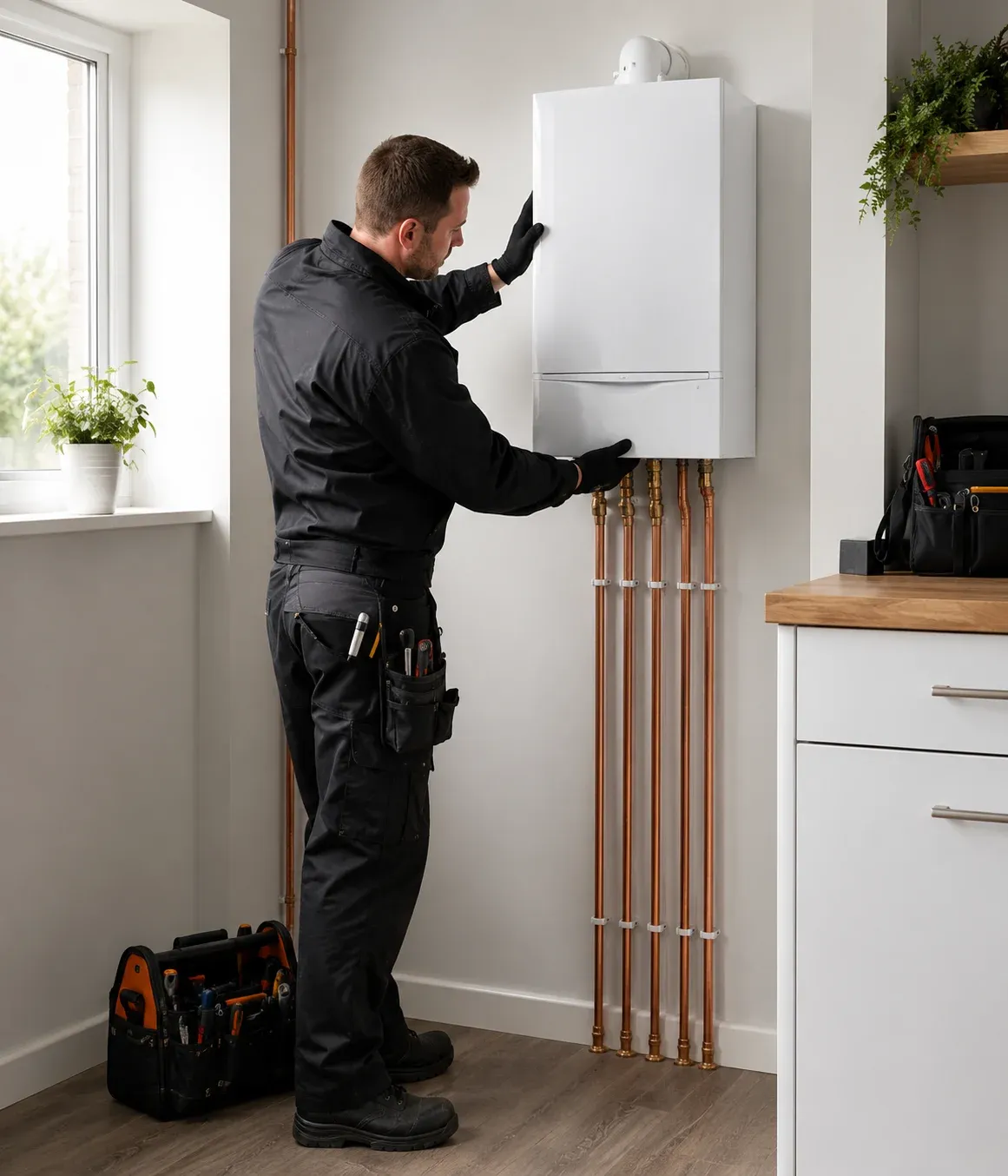 Engineer carrying out boiler installation