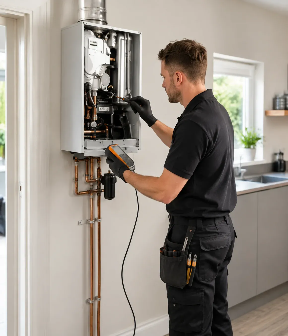 Engineer carrying out boiler servicing