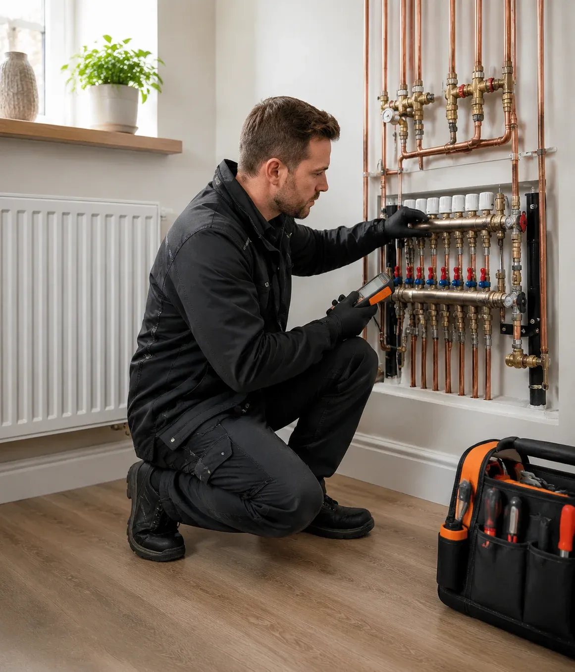Engineer carrying out central heating