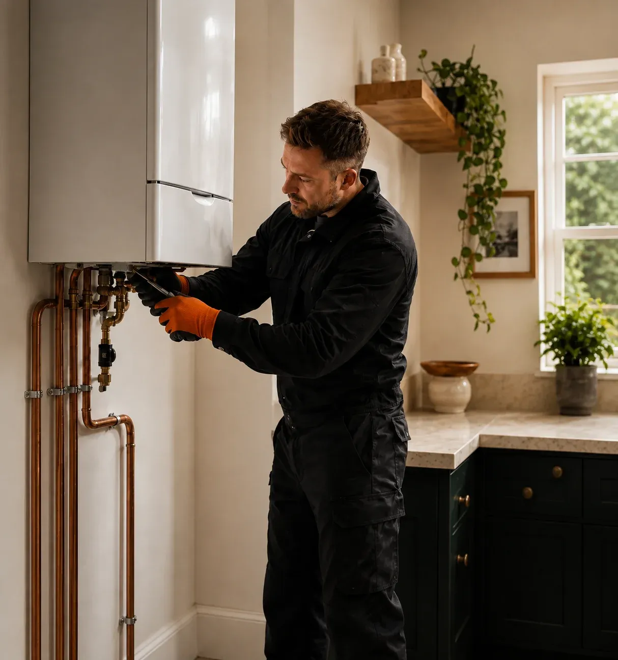 Gas Safe registered engineer installing a boiler in a UK home