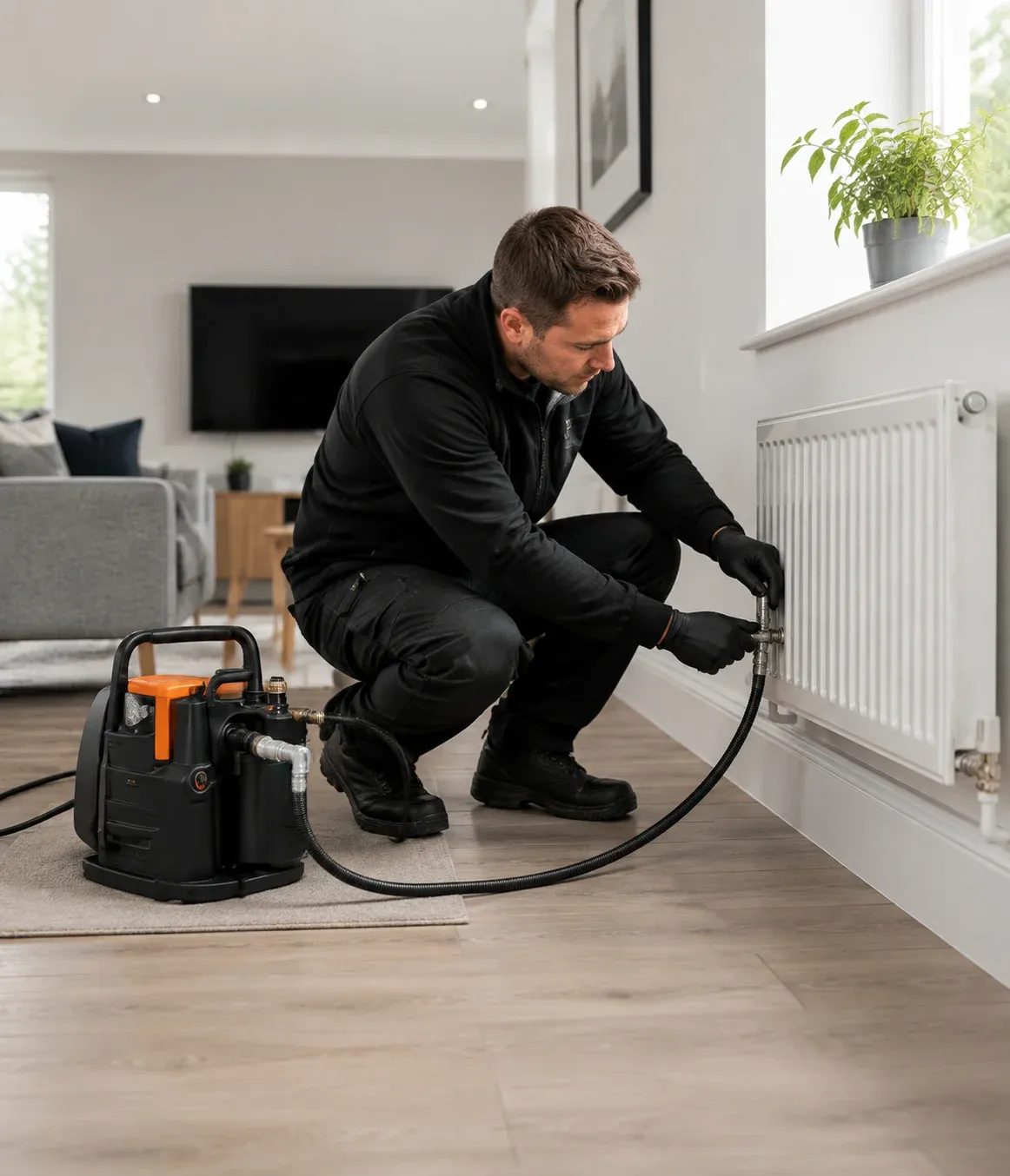 Engineer carrying out powerflushing