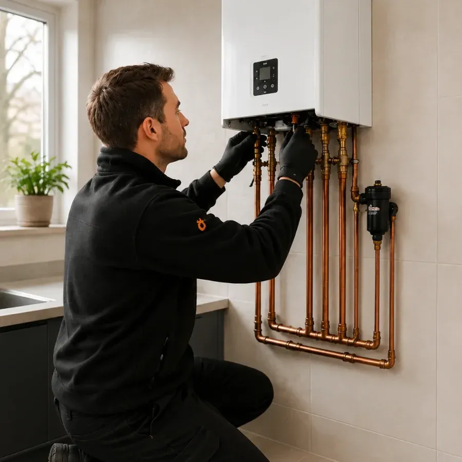 Heating engineer working on a boiler system